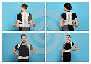Collage with photos of people with orthopedic corsets on light blue background
