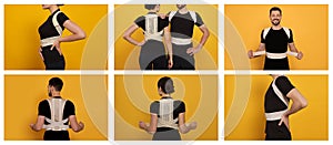 Collage with photos of people with orthopedic corsets on yellow background. Banner design