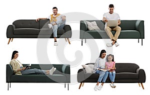 Collage with photos of people sitting on different stylish sofas against white background
