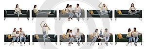 Collage with photos of people sitting on stylish sofas against white background. Banner design