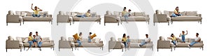 Collage with photos of people sitting on stylish sofas against white background. Banner design