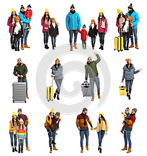 Collage with photos of people wearing warm clothes on background. Winter vacation