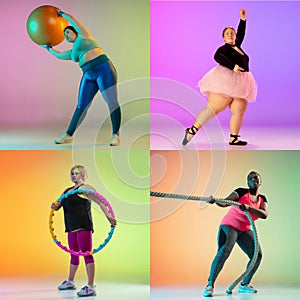 Collage of photos of plus-size women with ball  on green or yellow studio background. Concept of fitness