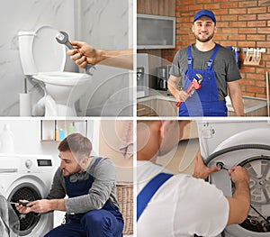 Collage with photos of professional plumbers and their tools