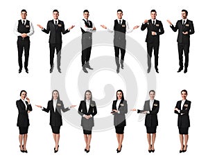 Collage with photos of receptionists on white background