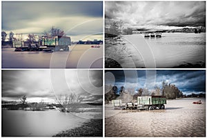 Collage of photos showing high water