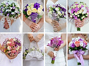 Collage photos from wedding bouquets in hands of bride