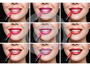 Collage with photos of woman applying different beautiful lipsticks, closeup