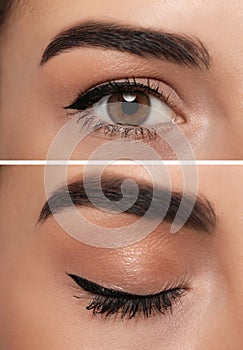 Collage with photos of woman with black eyeliner, closeup of closed and open eyes