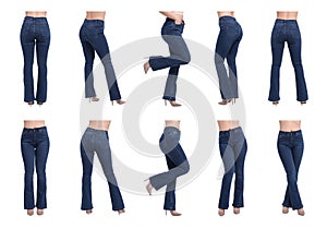 Collage with photos of woman in stylish jeans on white background, closeup. Different sides