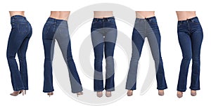 Collage with photos of woman in stylish jeans on white background, closeup. Different sides