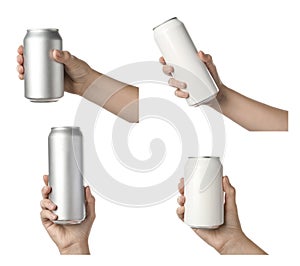 Collage with photos of women holding different cans with beverages on white background, closeup