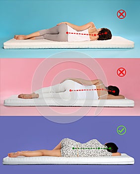 Collage with photos of women lying on mattress. Wrong and correct sleeping posture. Choose right mattress