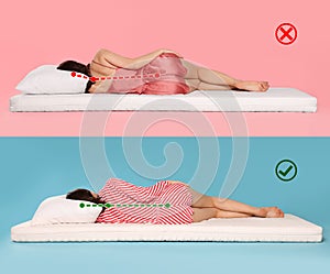 Collage with photos of women lying on mattress. Wrong and correct sleeping posture. Choose right mattress