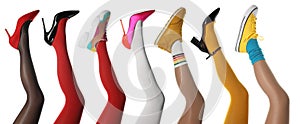 Collage with photos of women showing fashionable collections of stylish shoes, tights and socks on white background, closeup view