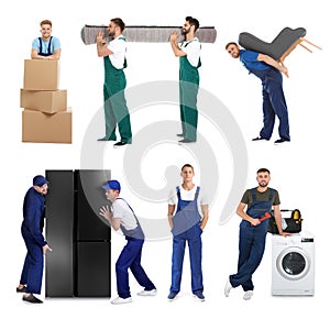 Collage with photos of workers carrying furniture and appliances on background, banner design. Moving service