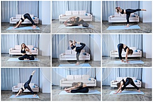 Collage of photos with yoga poses: side body stretch, paschimottanasana, mermaid, halfway lift, halfway lift, pyramid,