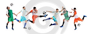 Collage with photos of young men playing football on background. Banner design