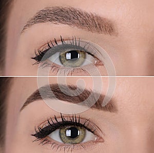 Collage with photos of young woman before and after permanent makeup procedure, closeup