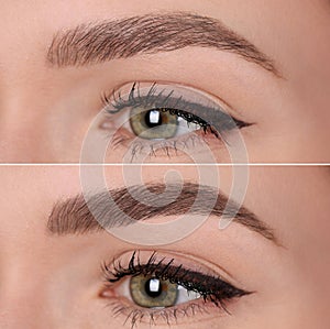 Collage with photos of young woman before and after permanent makeup procedure, closeup