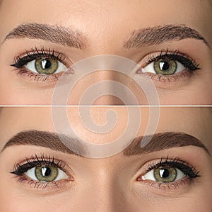 Collage with photos of young woman before and after permanent makeup procedure, closeup