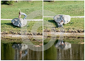 Collage of photos - young woman posing with big boulder at the l