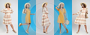 Collage with photos of young women wearing different dresses on bright backgrounds