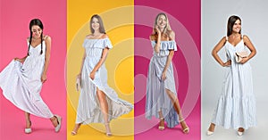 Collage with photos of young women wearing different dresses on bright backgrounds