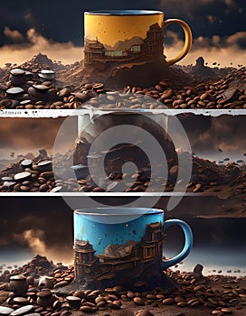 Collage of Photoshopped Images of a Coffee Cup on a Pile Of. Generative AI photo