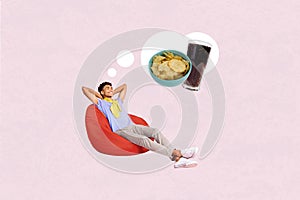Collage picture of cheerful minded guy sit comfy beanbag think dream cola drink glass chips snack isolated on pink
