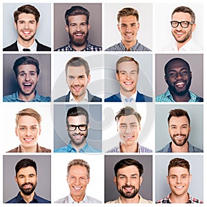 Collage picture of different multiethnic cheerful adult man expr