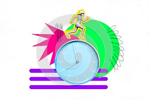 Collage picture of excited black white colors mini girl running huge wall watch clock isolated on drawing creative