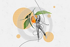 Collage picture of mini black white colors girl fly hang tied string arm hold big tangerine branch leaves ripe isolated