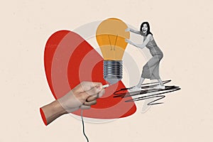 Collage picture of mini excited black white colors girl hold huge light bulb big arm connection cable wire isolated on
