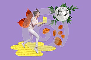 Collage picture music dj operator change playlist woman hold netbook disco ball nightclub atmosphere isolated on purple