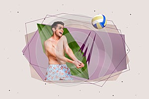 Collage picture of positive carefree guy hands hit play volleyball isolated on drawing creative background