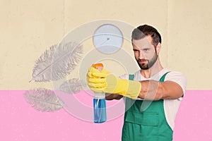 Collage picture of positive cleaner man hands rubber gloves hold pulverizer detergent spray flying feathers wall watch