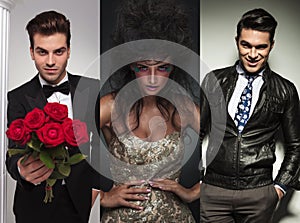 Collage picture of three fashion models posing in studio