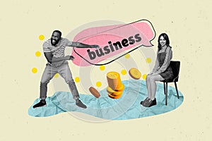 Collage picture of two black white colors people dialogue bubble business pile stack money coins isolated on beige