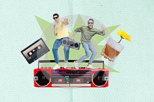 Collage picture of two excited mini guys stand big boombox dancing sing microphone whiskey glass tape cassette isolated