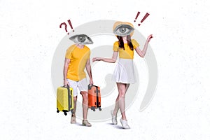 Collage picture of two people walking huge eye instead head hold suitcase isolated on creative white background
