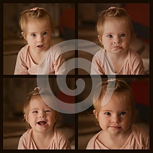 Collage with pictures of emotions of a little girl with Down syndrome