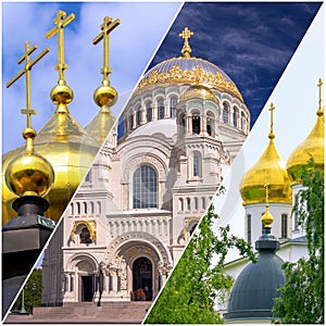 Collage pictures of golden cupola of Russian orthodox churches