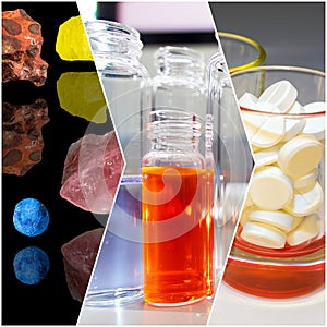 Collage pictures on scientific development of drugs, pills and vitamins