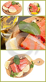 Collage with Pieces of lightly salted trout with herbs, spices and lemon