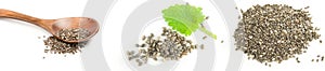 Collage of pile of chia seeds on a white background clipping path