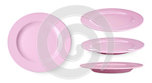 Collage of pink ceramic plate on white background, views from different sides