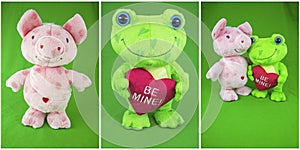 Collage pink pig green frog background valentine love