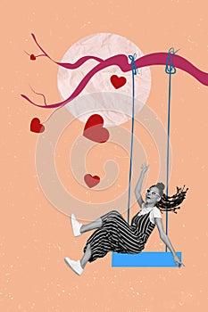 Collage pinup pop retro sketch of funny positive female swinging tree branch dating concept valentine day fantasy
