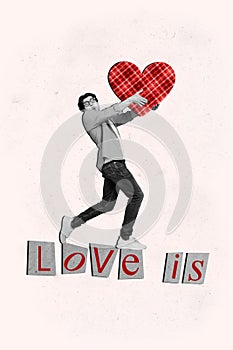 Collage pinup pop retro sketch of funny young man carry heart valentine day love dating concept magazine surrealism